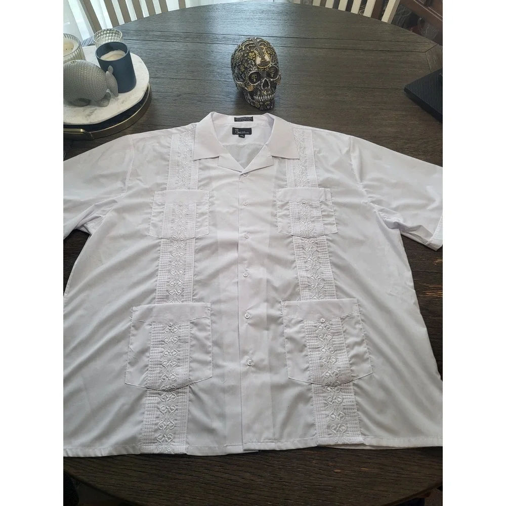OMEGA Fashion Cuban Guayabera Blue Short Sleeve Shirt Mens 4XL Big and Tall‎